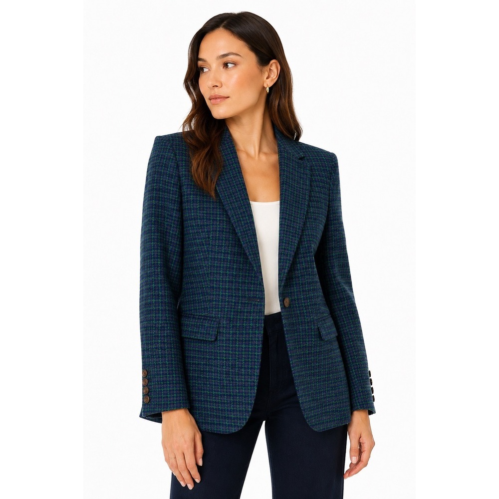 J.Crew Small 6 Navy Emerald Green Houndstooth Wool Blend Blazer Jacket Tweed